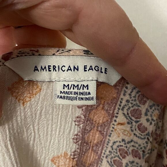 AE Boho Patterned Tassel Balloon Sleeve Peasant Peplum Top Sz M Festival Artsy - Picture 8 of 12